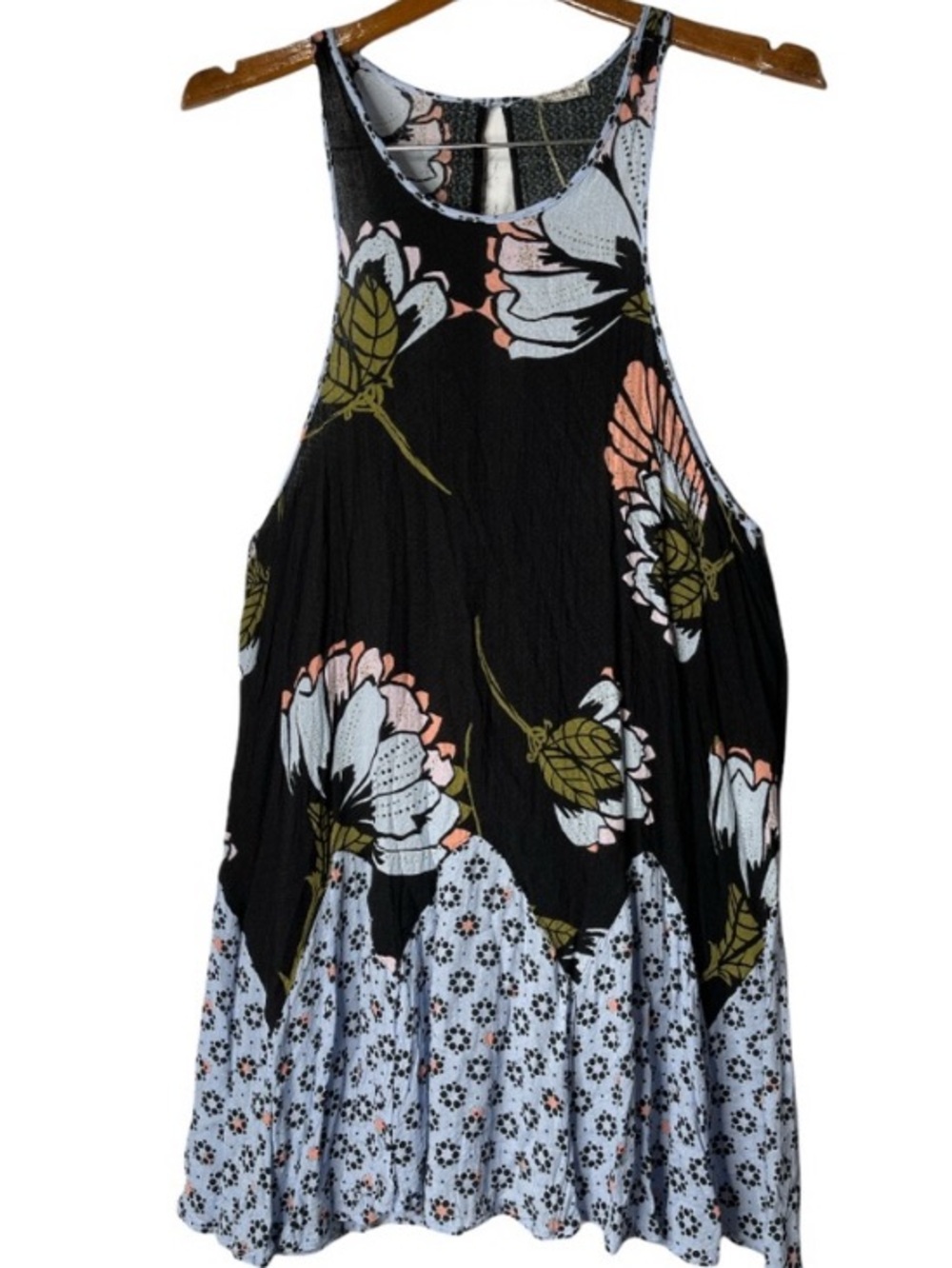 Black Floral Racerback Swing Tank with Printed Hem